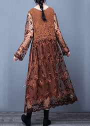 Classy Coffee Lace Embroidered Patchwork Dresses Spring