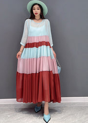 Elegantes Colorblock O-Neck Patchwork Layered Chiffon Plissee Long Dress Bracelet Sleeve