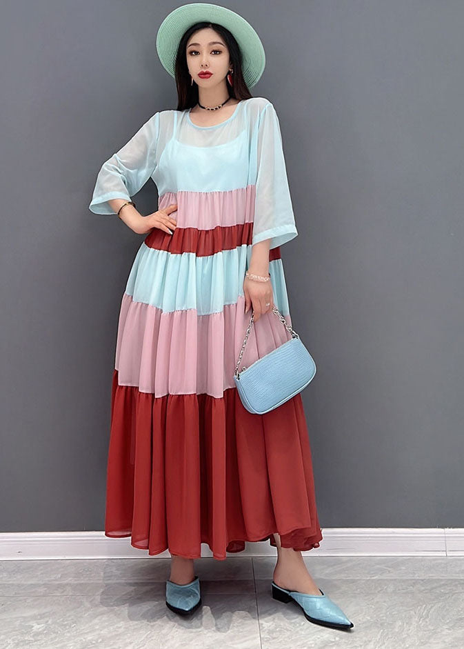 Classy Colorblock O-Neck Patchwork Layered Chiffon Pleated Long Dress Bracelet Sleeve