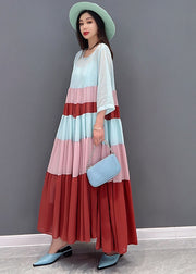 Elegantes Colorblock O-Neck Patchwork Layered Chiffon Plissee Long Dress Bracelet Sleeve