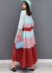 Classy Colorblock O-Neck Patchwork Layered Chiffon Pleated Long Dress Bracelet Sleeve