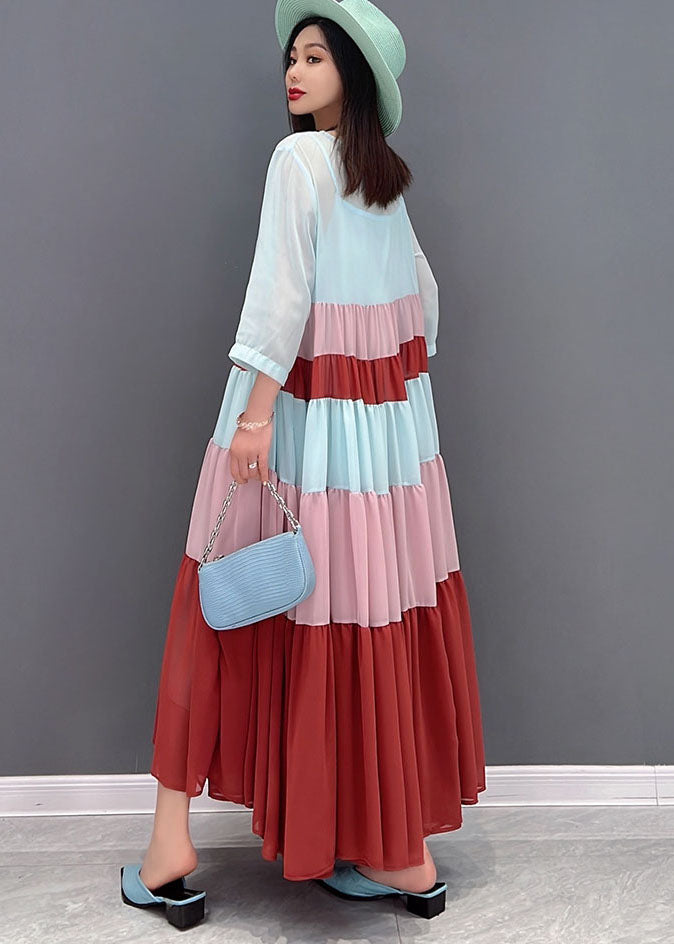 Classy Colorblock O-Neck Patchwork Layered Chiffon Pleated Long Dress Bracelet Sleeve