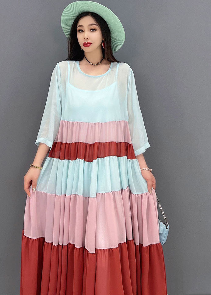 Classy Colorblock O-Neck Patchwork Layered Chiffon Pleated Long Dress Bracelet Sleeve