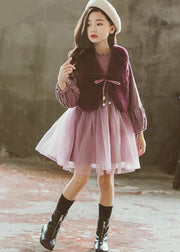 Classy Dark Purple V Neck Girls Leather Fur Waistcoat And Tulle Dress Two Piece Set Fall