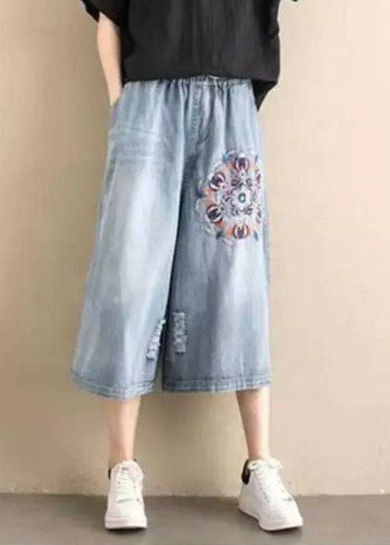 Classy Denim Blue Elastic Waist Hole Embroideried Pockets Cotton Wide Leg Pants Summer