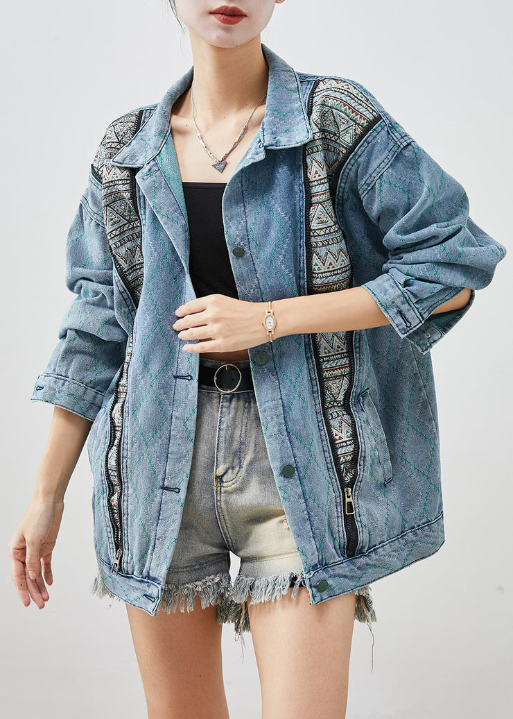 Classy Denim Blue Zip Up Patchwork Cotton Coats Fall