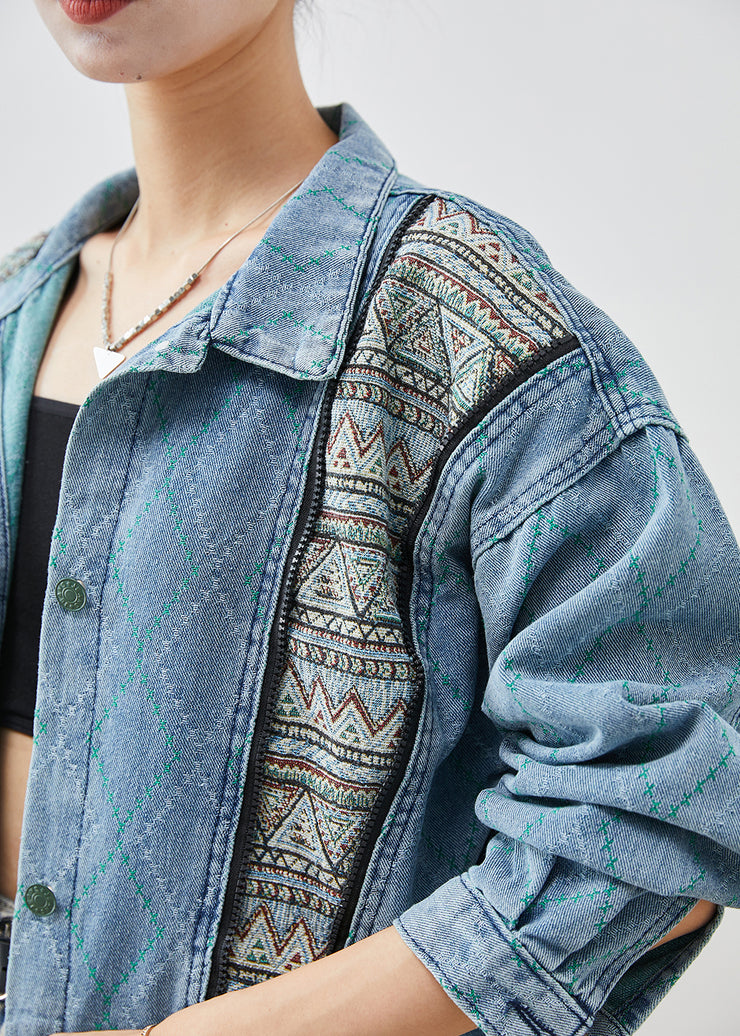 Classy Denim Blue Zip Up Patchwork Cotton Coats Fall