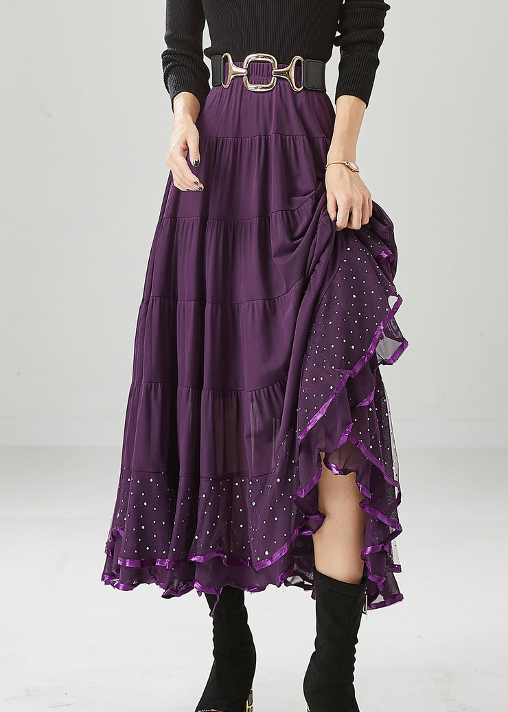 Classy Dull Purple Oversized Patchwork Chiffon Skirts Fall