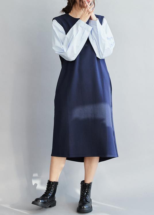 Classy False Two Pieces cotton Spring  Dress For Women Design Blue Dresses - bagstylebliss