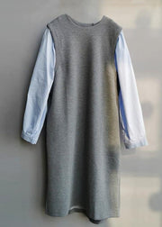 Classy False Two Pieces cotton Spring  Dress For Women Design Blue Dresses - bagstylebliss