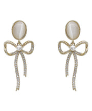 Classy Gold Sterling Silver Pearl Zircon Bow Cat's Eye Drop Earrings