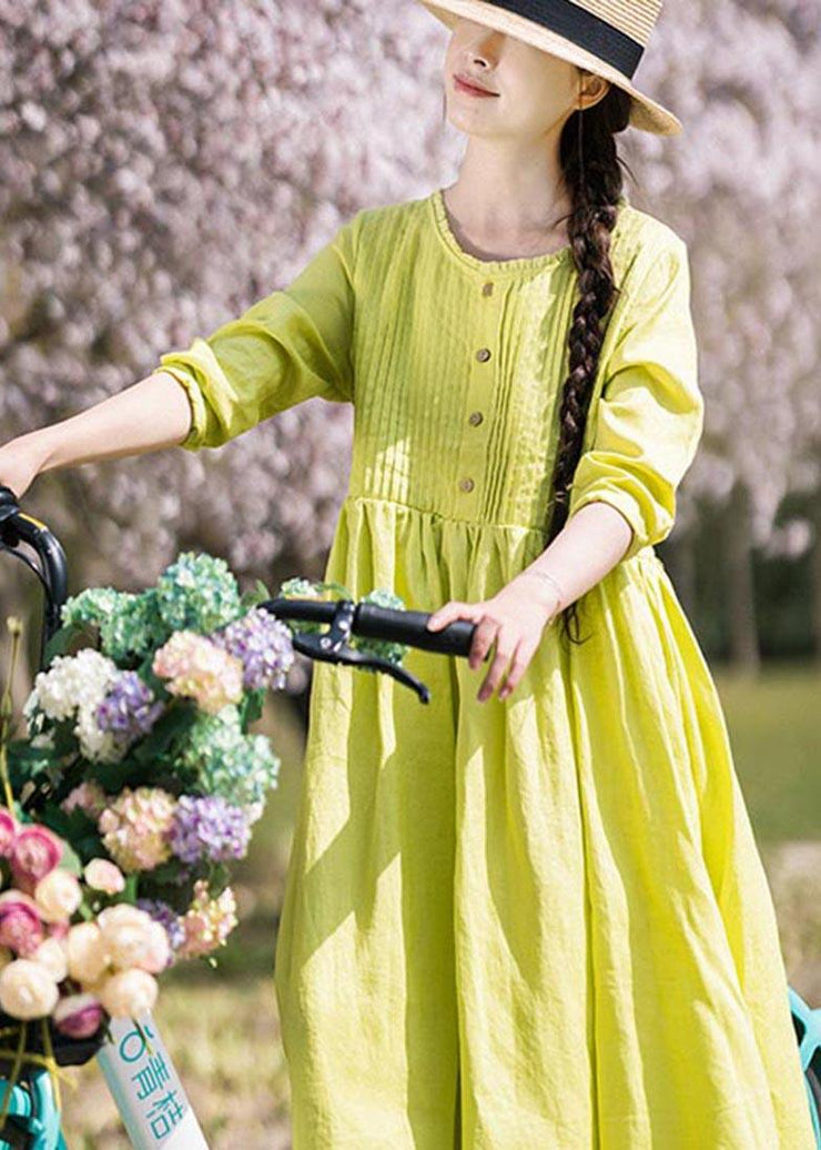 Classy Grass Green Cinched Button Summer Linen Dress - bagstylebliss