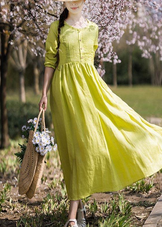 Classy Grass Green Cinched Button Summer Linen Dress - bagstylebliss