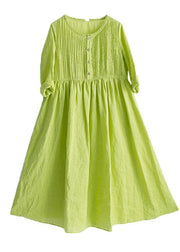 Classy Grass Green Cinched Button Summer Linen Dress - bagstylebliss