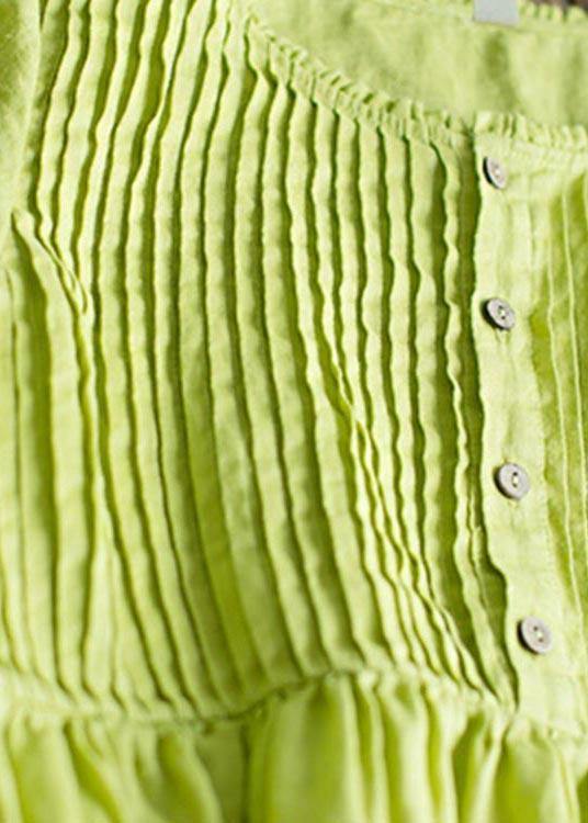 Classy Grass Green Cinched Button Summer Linen Dress - bagstylebliss