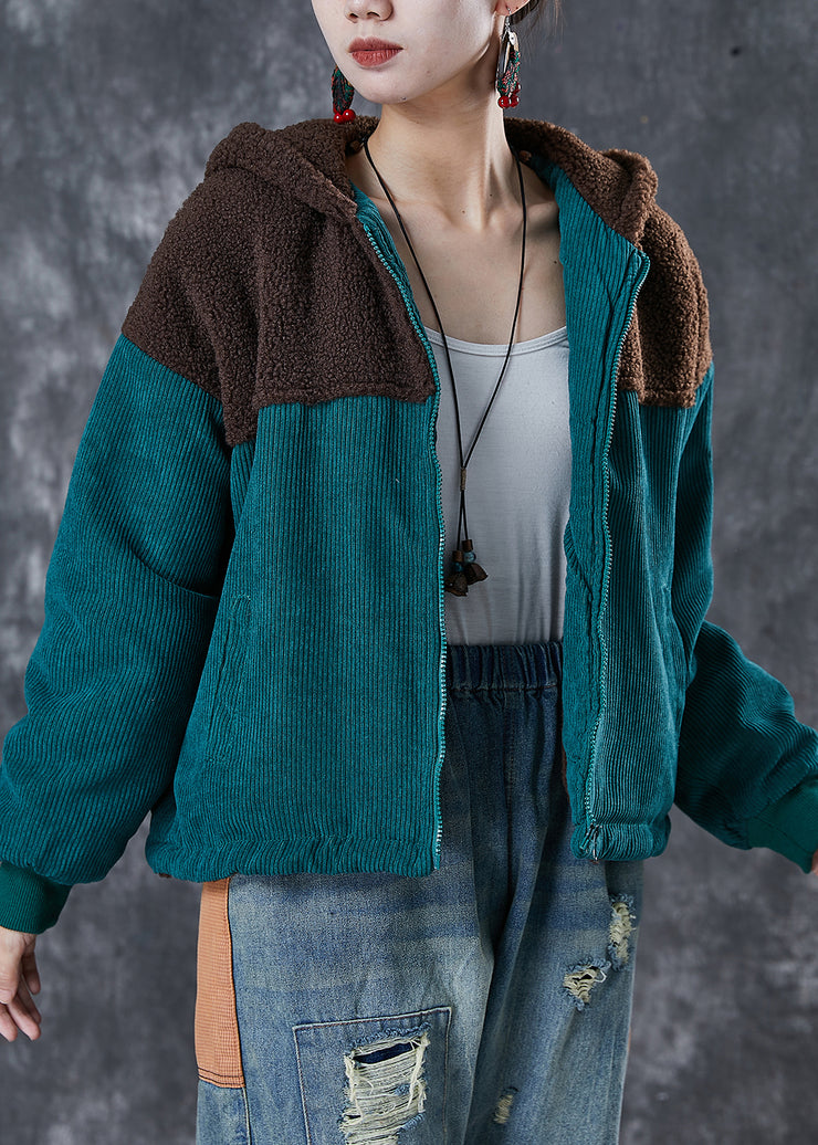 Classy Green Hooded Patchwork Warm Fleece Coats Winter