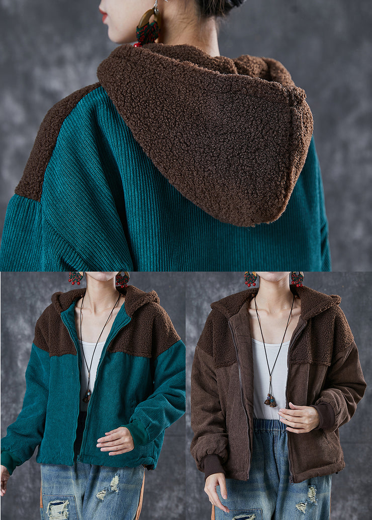 Classy Green Hooded Patchwork Warm Fleece Coats Winter