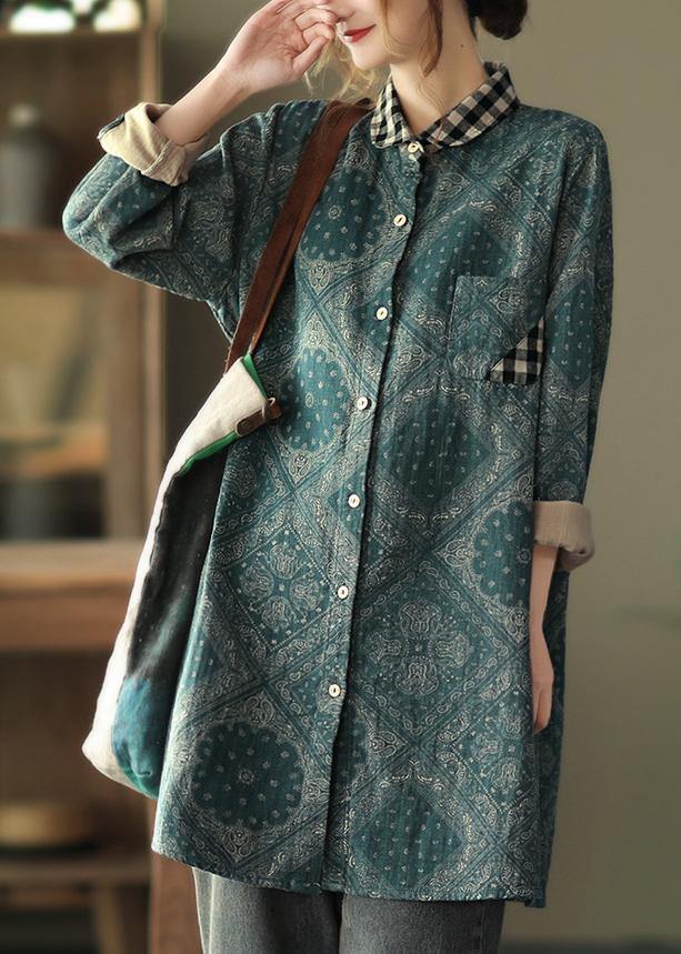 Classy Green Plaid Shirts Women Lapel Pockets Baggy Spring Tops - bagstylebliss