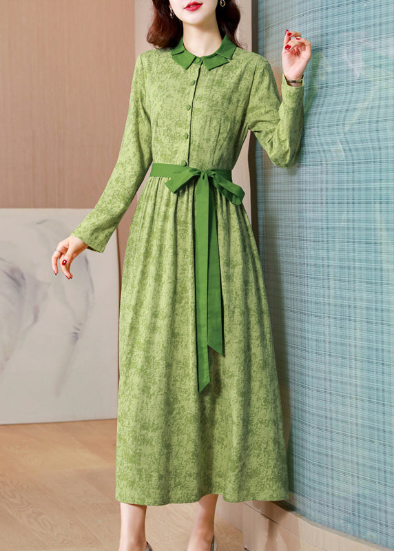 Classy Green Print Tie Waist Patchwork Cotton Long Dress Fall