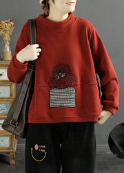 Classy Green Stand Collar Embroidered Warm Fleece Pullover Sweatshirt Winter