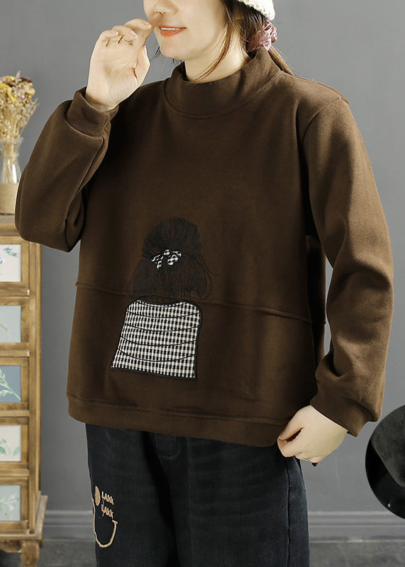 Classy Green Stand Collar Embroidered Warm Fleece Pullover Sweatshirt Winter