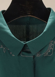 Classy Green Turn-down Collar Embroideried Solid Cotton Shirts Long Sleeve