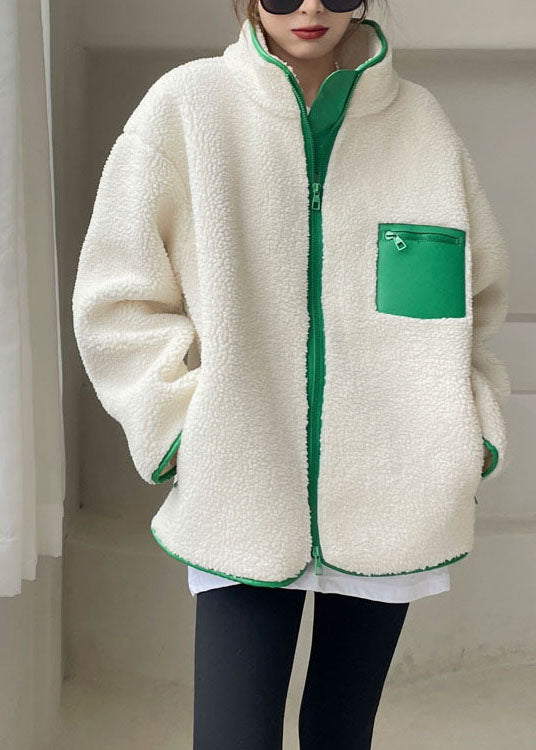 Classy Green Zip Up Patchwork Faux Fur Winter Coat