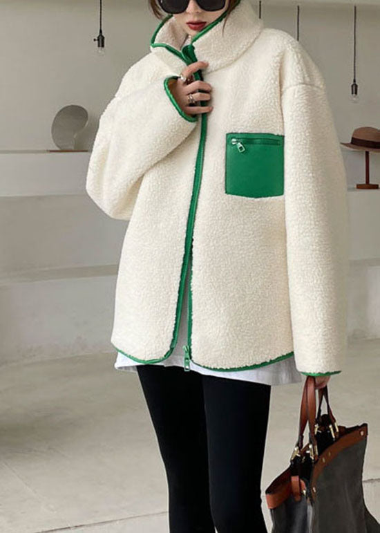 Classy Green Zip Up Patchwork Faux Fur Winter Coat