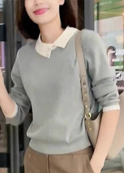 Classy Grey Asymmetrical Peter Pan Collar Versatile Knitted Tops Fall