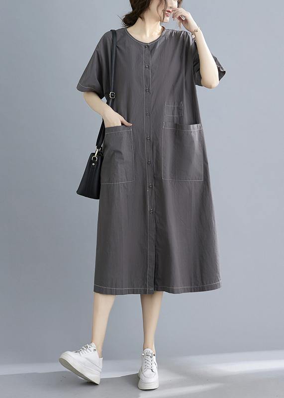 Classy Grey Button Cotton O-Neck Summer Maxi Dresses - bagstylebliss