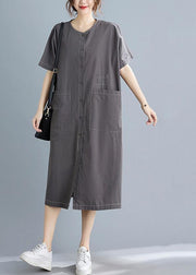 Classy Grey Button Cotton O-Neck Summer Maxi Dresses - bagstylebliss