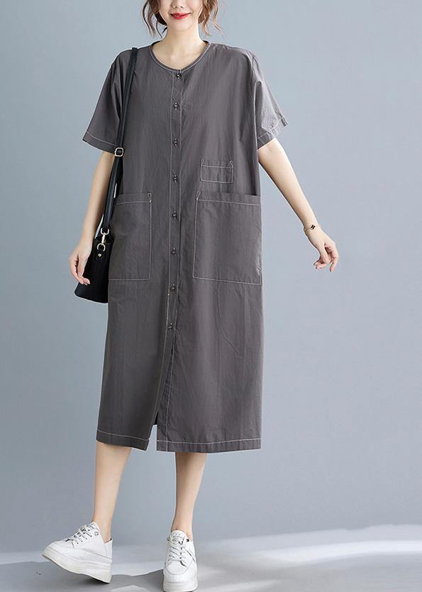 Classy Grey Button Cotton O-Neck Summer Maxi Dresses - bagstylebliss