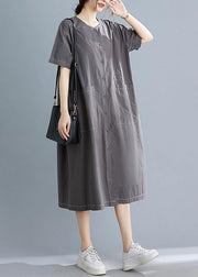 Classy Grey Button Cotton O-Neck Summer Maxi Dresses - bagstylebliss