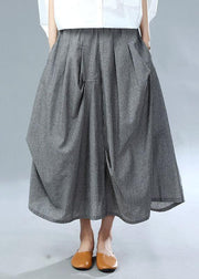 Classy Grey Cinched Wrinkled Pockets Fall Striped Skirt - bagstylebliss