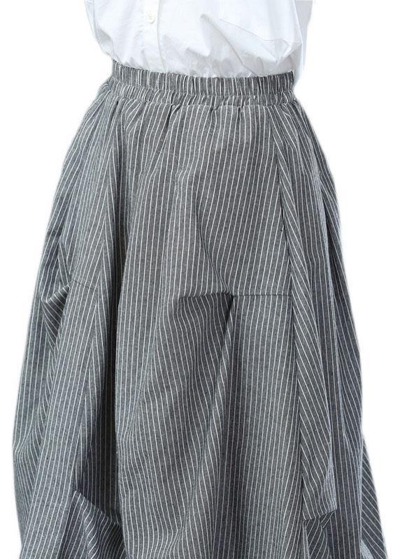 Classy Grey Cinched Wrinkled Pockets Fall Striped Skirt - bagstylebliss