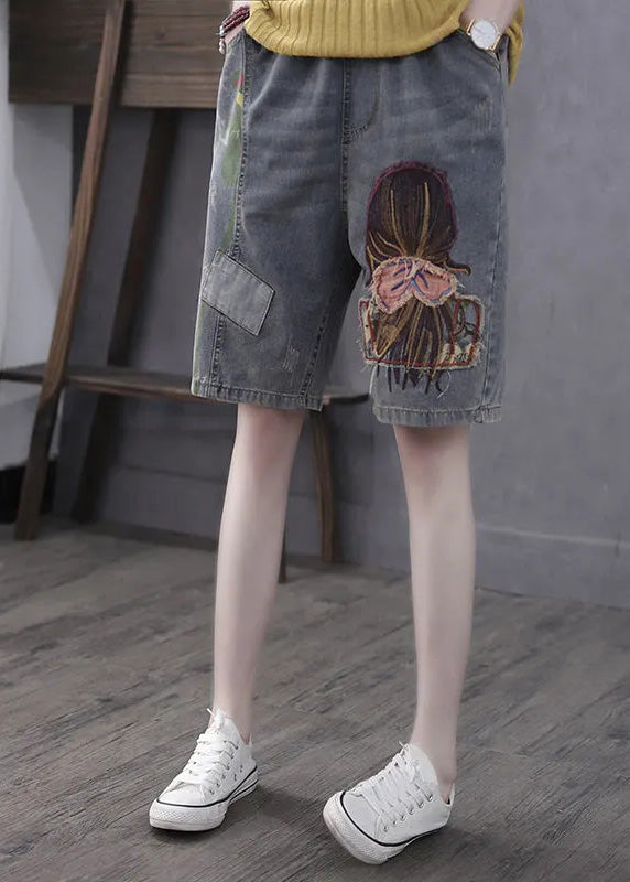 Classy Grey Print Embroidered Elastic Waist Straight Shorts Summer