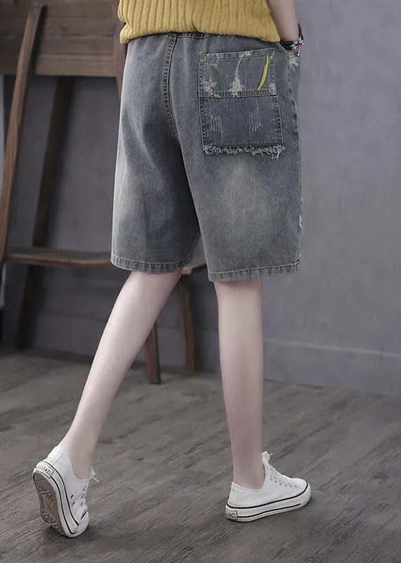 Classy Grey Print Embroidered Elastic Waist Straight Shorts Summer