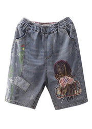 Classy Grey Print Embroidered Elastic Waist Straight Shorts Summer