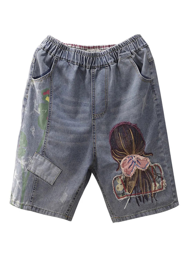 Classy Grey Print Embroidered Elastic Waist Straight Shorts Summer