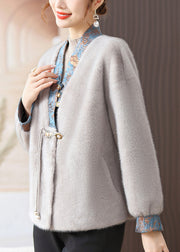 Classy Grey V Neck Tasseled Patchwork Mink Hair Coats Fall