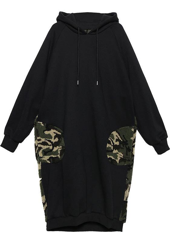 Classy Hooded Pockets Spring Clothes For Women Neckline Black Robe Dresses - bagstylebliss