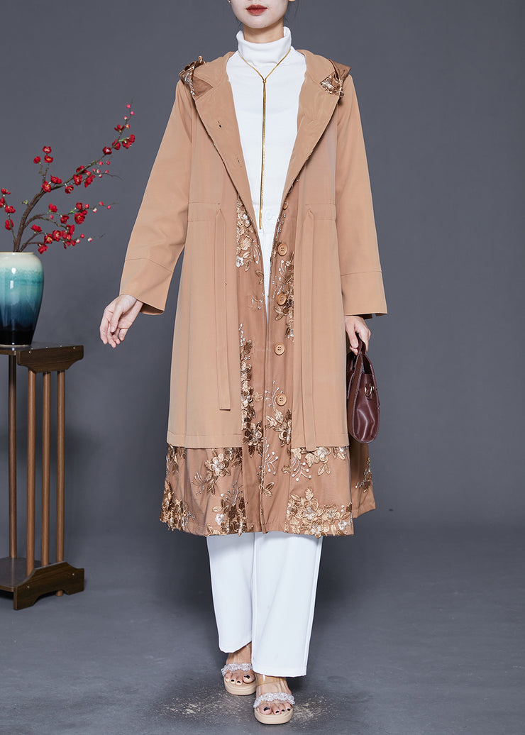 Classy Khaki Embroidered Patchwork Cotton Trench Fall