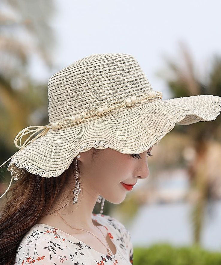 Classy Khaki Nail bead Straw Woven UPF 50+ Floppy Sun Hat