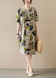Classy Khaki Print O-Neck Pockets Summer Maxi Dresses Half Sleeve - bagstylebliss