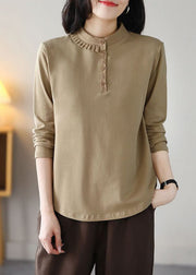 Classy Khaki Stand Collar Slim Fit Wrinkled Cotton Blouse Tops Spring