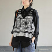 Classy Lapel Patchwork Knit Fabric Spring Black Blouse - bagstylebliss