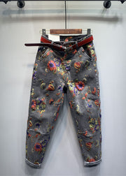 Classy Light Blue Floral Patchwork Zippered Jeans Fall