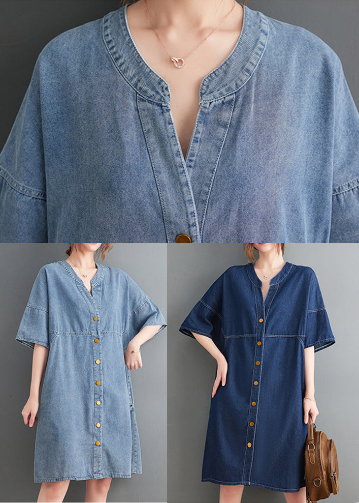 Classy Light Blue V Neck Oversized Denim Dress Summer