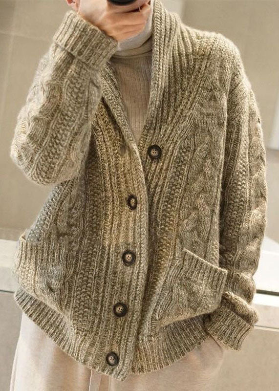 Classy Light Green V Neck Button Pockets Knit Cardigan Winter