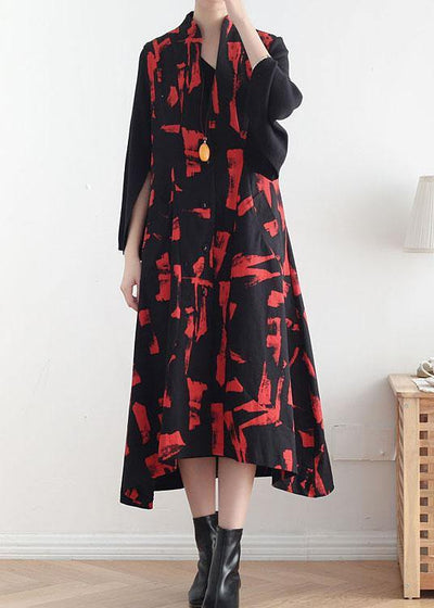 Classy Mulberry Print Peter Pan Collar Button Waistcoat Long Dress Fall Cotton Dress - bagstylebliss